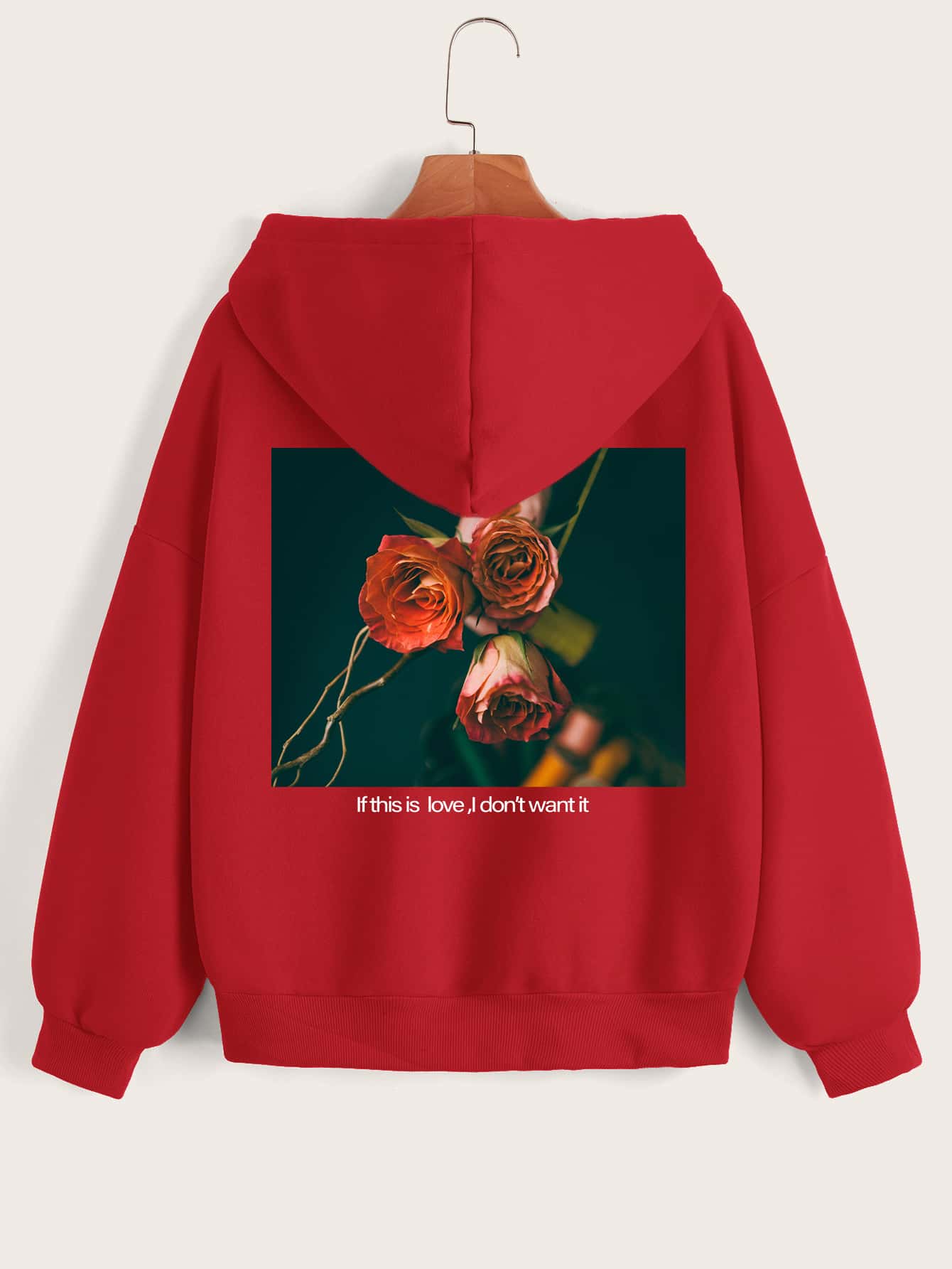 INAWLY Floral And Slogan Graphic Zip Up Thermal Lined Drawstring Hoodie - Burgundy - View 1