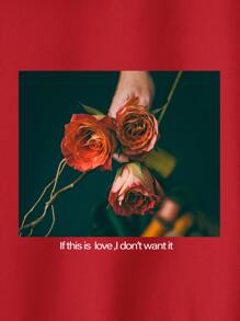 INAWLY Floral And Slogan Graphic Zip Up Thermal Lined Drawstring Hoodie - Burgundy - View 5