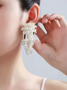 Bông tai thả tua rua bằng ngọc trai giả ngọc trai - trắng - Xem 1