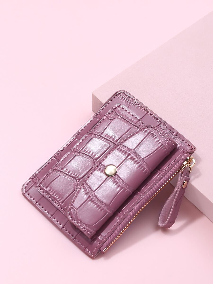 鱷魚紋路紐扣裝飾信用卡持有人，輕便攜帶，適用於女性白領工作者、假期、紀念日、生日禮品配件禮品 - 藕粉色 - 查看 1