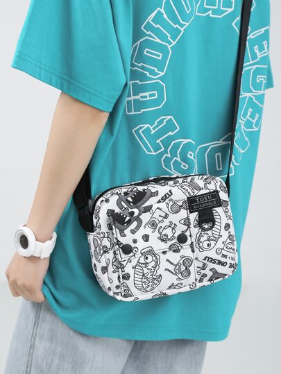 High School Students University Freshman Multifunctional Sling Bag Shoulder Bag Casual Bag Mini Men Cartoon & Letter Graphic , Handbag Schoolbag For Travel,College,Outdoors,Sports,Commute