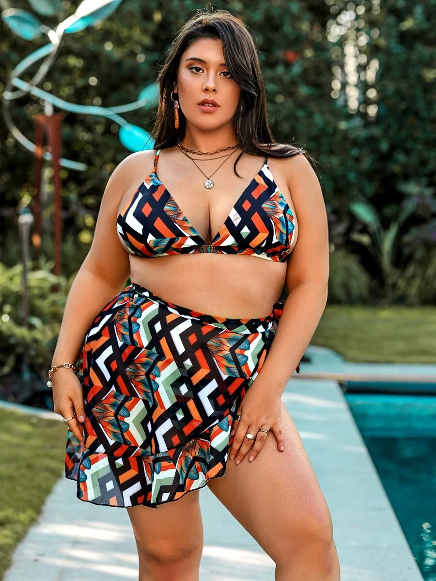 Conjunto De Bikini Triangular Con Estampado Geométrico De Talla Grande Y Falda De Playa Con Ribete De Volantes Playa De Verano - Multicolor - Ver 1
