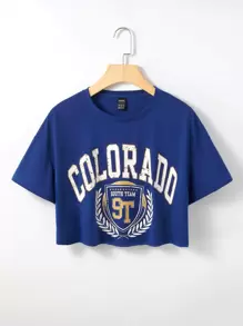 SHEIN Unity Letter Graphic Drop Shoulder Crop Tee - Blue - View 1