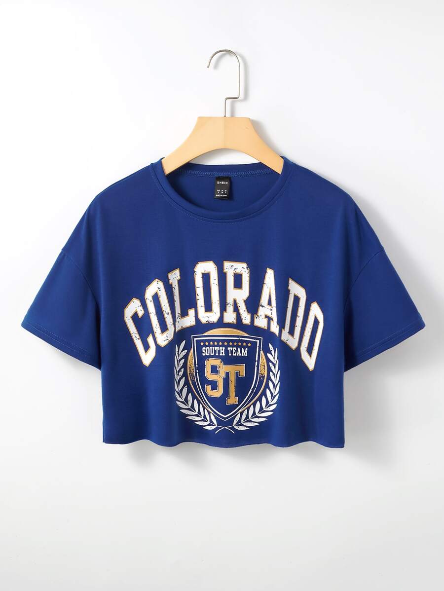 SHEIN Unity Letter Graphic Drop Shoulder Crop Tee - Blue - View 1