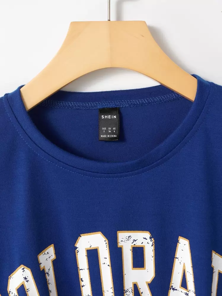 SHEIN Unity Letter Graphic Drop Shoulder Crop Tee - Blue - View 5
