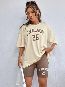 SHEIN Unity Letter Graphic Drop Shoulder Tee & Biker Shorts - Multicolor - View 4