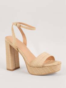 Women Minimalist Chunky Heeled Ankle Strap Sandals, Elegant Summer Heeled Sandals - Beige - View 2