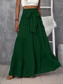 SHEIN LUNE Pantalones de pierna ancha de cintura fruncido con cordón delantero bajo con fruncido - Verde Oscuro - Ver 1