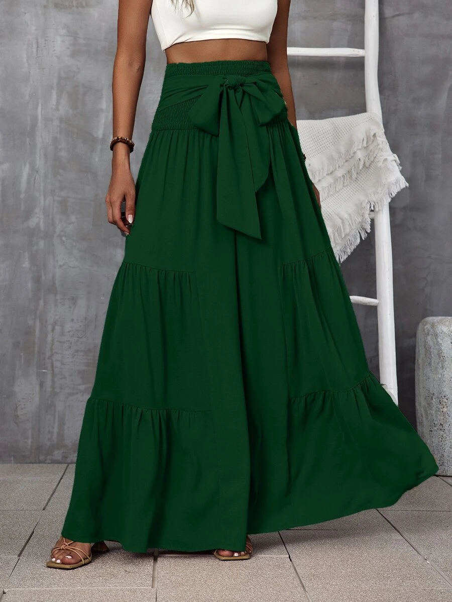 SHEIN LUNE Pantalones de pierna ancha de cintura fruncido con cordón delantero bajo con fruncido - Verde Oscuro - Ver 1