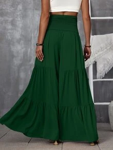 SHEIN LUNE Pantalones de pierna ancha de cintura fruncido con cordón delantero bajo con fruncido - Verde Oscuro - Ver 2
