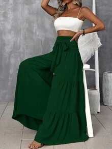 SHEIN LUNE Pantalones de pierna ancha de cintura fruncido con cordón delantero bajo con fruncido - Verde Oscuro - Ver 3