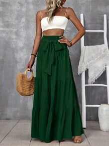 SHEIN LUNE Pantalones de pierna ancha de cintura fruncido con cordón delantero bajo con fruncido - Verde Oscuro - Ver 4