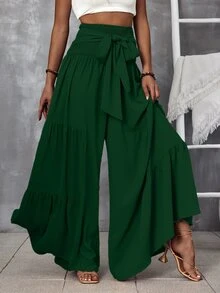 SHEIN LUNE Pantalones de pierna ancha de cintura fruncido con cordón delantero bajo con fruncido - Verde Oscuro - Ver 5