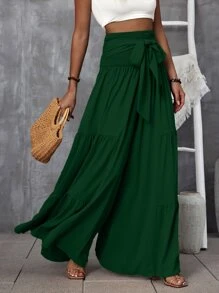 SHEIN LUNE Pantalones de pierna ancha de cintura fruncido con cordón delantero bajo con fruncido - Verde Oscuro - Ver 6