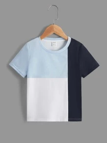 SHEIN Young Boy Color Block Round Neck Short-Sleeved T-Shirt, Suitable For Casual And Daily Wear In Summer - Multicolor - View 1