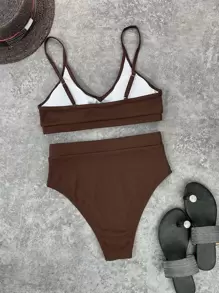 Swim Vcay 夏季海滩纯色罗纹针织胸罩和高腰泳裤比基尼泳装棕色两件套棕色比基尼高腰比基尼套装 - 咖啡棕 - 查看 2