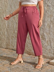 SHEIN VCAY Plus High Waist Knot Front Tapered Trousers - Redwood - View 3
