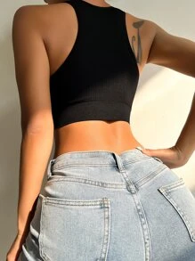 Solid Ribbed Knit Wireless Bralet - Black - View 2