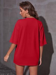 SHEIN Unity Tropical & Letter Graphic Drop Shoulder Tee For New Year Clothes Graphic Tees Women Tops - Red - View 2