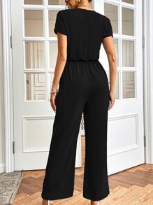 SHEIN LUNE Tie Front Ruched Jumpsuit - Black - View 2