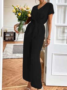 SHEIN LUNE Tie Front Ruched Jumpsuit - Black - View 6
