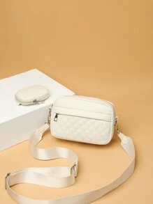 菱形拼接棉被拉鍊肩背袋,女士休閒十字肩方形袋帶向兜,帶有小包菱形拼接小方袋,女士袋子帶有袋