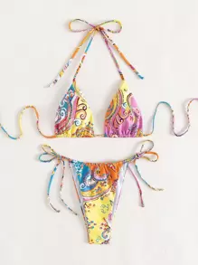 Summer Beach Paisley Print Halter Triangle Tie Side Bikini - Multicolor - View 1