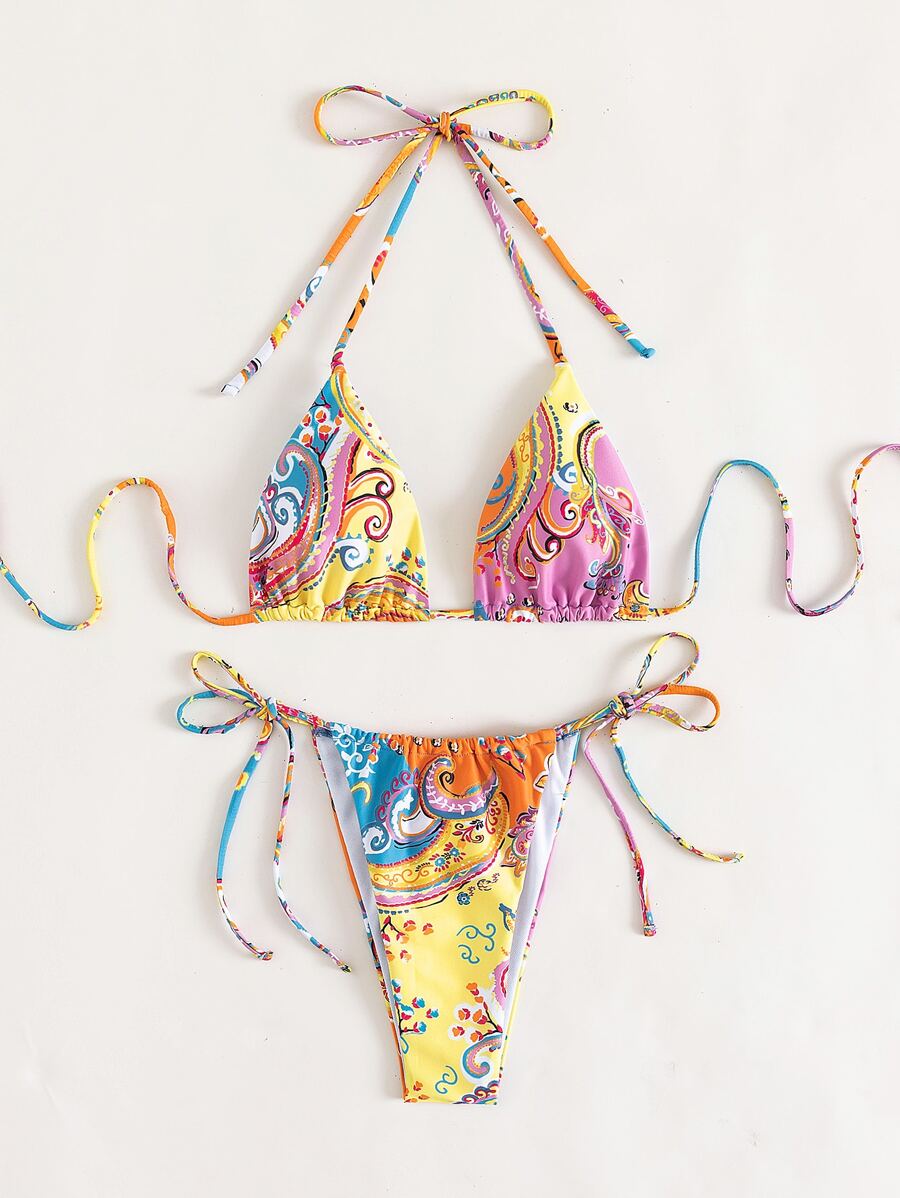 Summer Beach Paisley Print Halter Triangle Tie Side Bikini - Multicolor - View 1