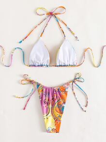 Summer Beach Paisley Print Halter Triangle Tie Side Bikini - Multicolor - View 2