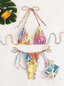 Summer Beach Paisley Print Halter Triangle Tie Side Bikini - Multicolor - View 3