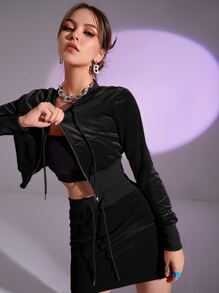 SHEIN ICON 水鑽心絲絨連帽夾克和抽繩裙子套裝 - 黑色 - 查看 6