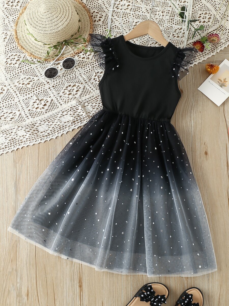 SHEIN Girls Galaxy & Ombre Tutu Dress - Black and White - View 1