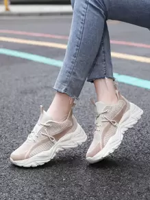 Two Tone Striped Pattern Chunky Sneakers - Apricot - View 1