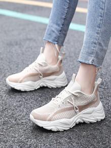 Two Tone Striped Pattern Chunky Sneakers - Apricot - View 4