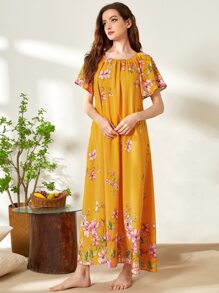 SHEIN Unity Floral Print Night Dress - Mustard Yellow - View 2