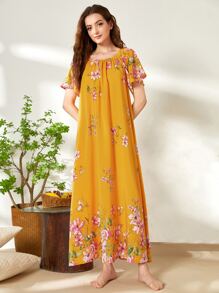 SHEIN Unity Floral Print Night Dress - Mustard Yellow - View 4