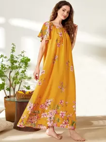 SHEIN Unity Floral Print Night Dress - Mustard Yellow - View 1