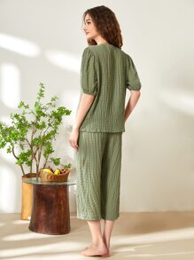 SHEIN Unity Button Front Puff Sleeve PJ Set - Olive Green - View 2