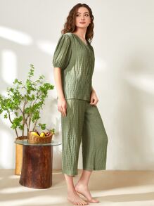 SHEIN Unity Button Front Puff Sleeve PJ Set - Olive Green - View 3