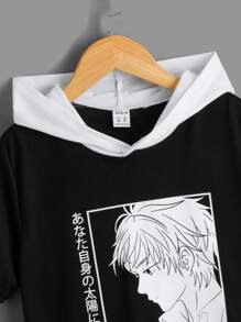 SHEIN 男孩人物和標語圖案連帽領T恤 - 黑色 - 查看 3