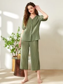 SHEIN Unity Button Front Puff Sleeve PJ Set - Olive Green - View 5