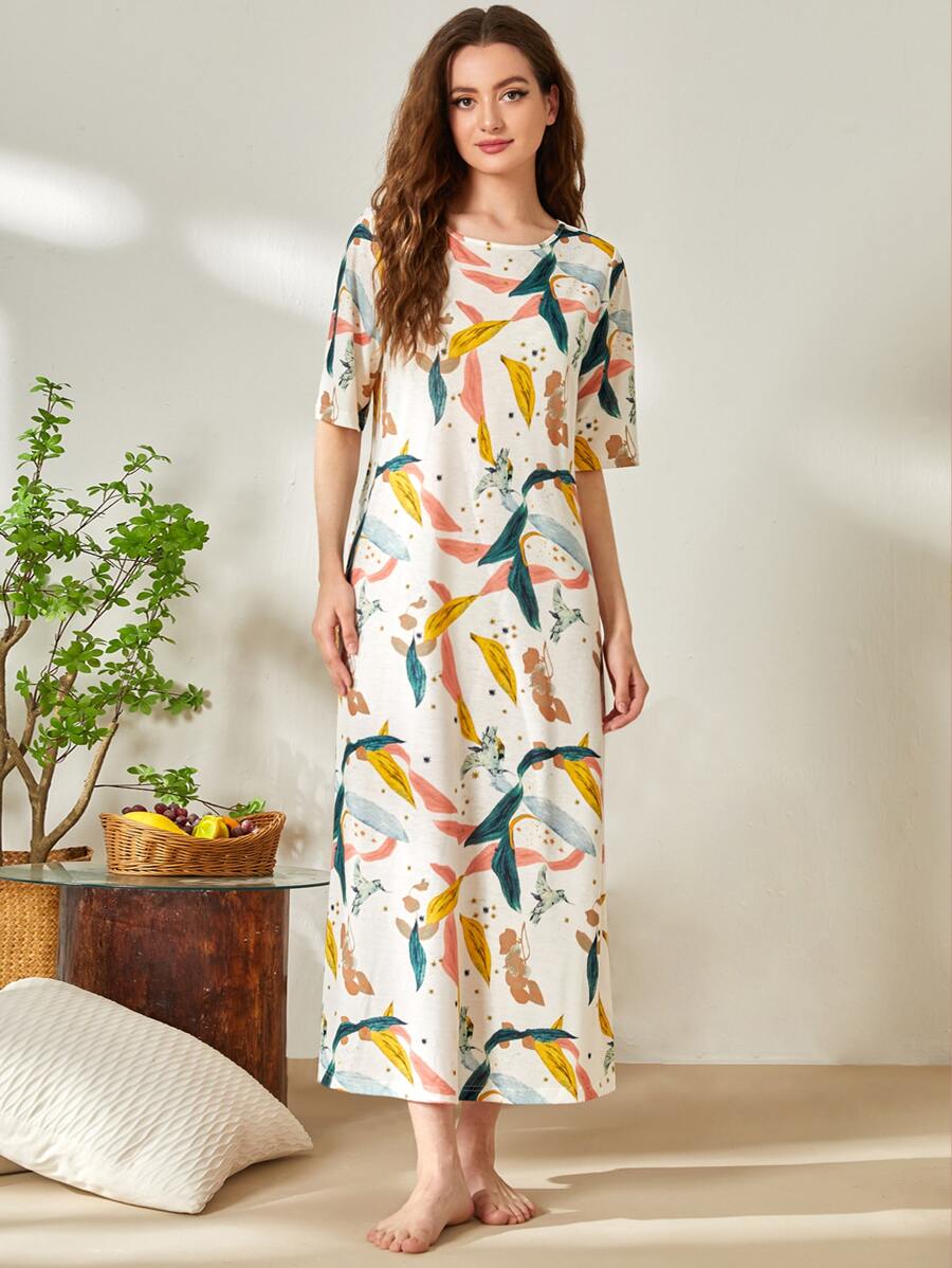 SHEIN Unity Bird & Leaf Print Night Dress - Multicolor - View 1