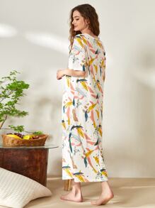 SHEIN Unity Bird & Leaf Print Night Dress - Multicolor - View 2