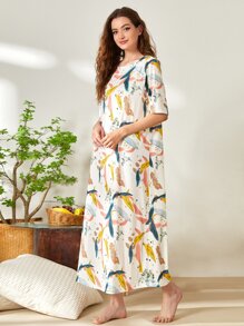 SHEIN Unity Bird & Leaf Print Night Dress - Multicolor - View 3
