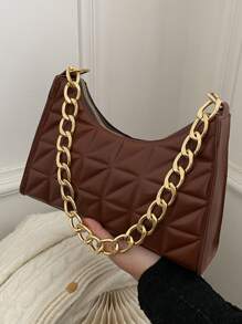 衍縫細節鏈條法棍包 - 咖啡棕 - 查看 1