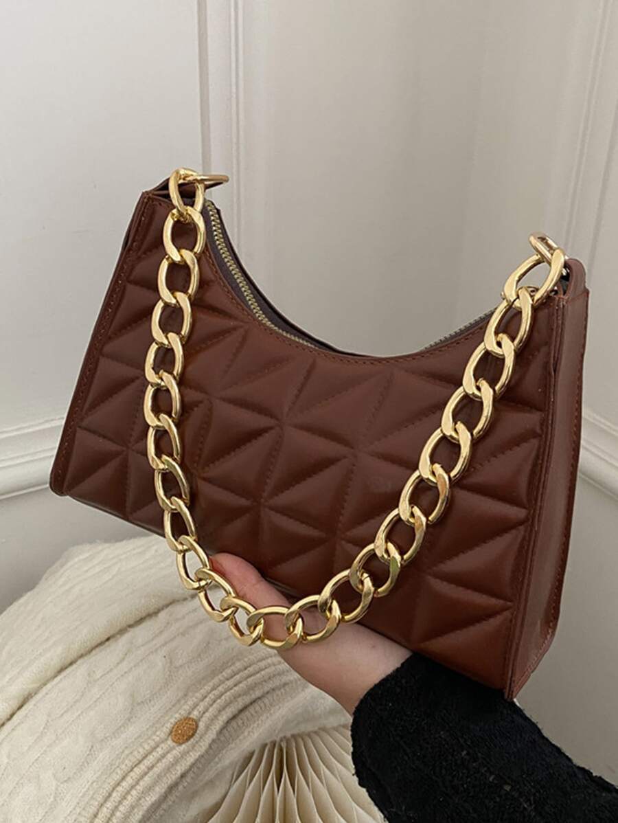 衍縫細節鏈條法棍包 - 咖啡棕 - 查看 1