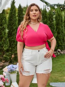 SHEIN Clasi Plus Puff Sleeve Tie Side Blouse - Hot Pink - View 1