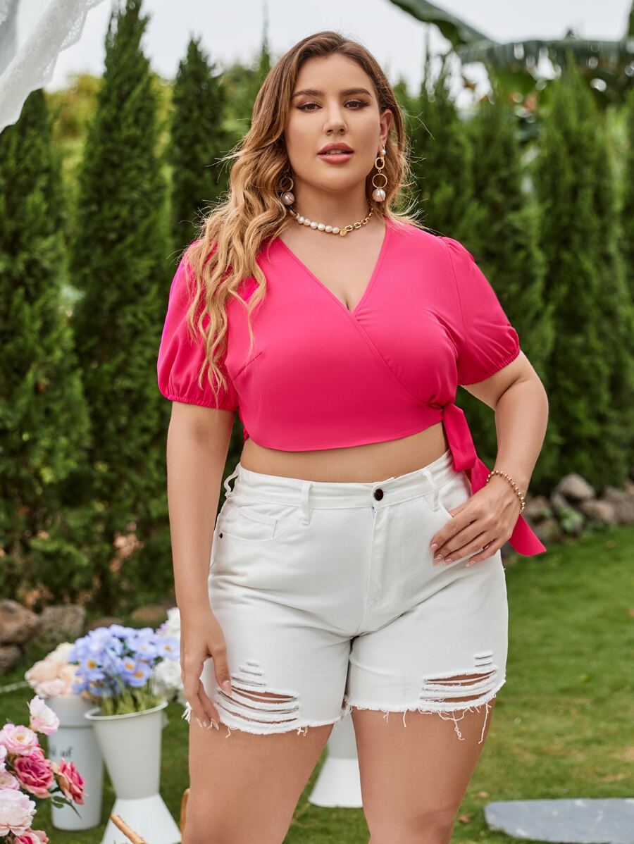 SHEIN Clasi Plus Puff Sleeve Tie Side Blouse - Hot Pink - View 1