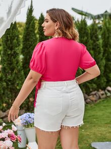 SHEIN Clasi Plus Puff Sleeve Tie Side Blouse - Hot Pink - View 2