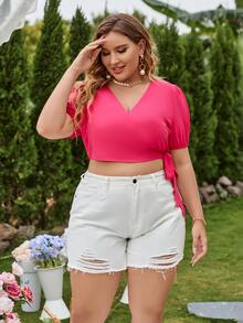 SHEIN Clasi Plus Puff Sleeve Tie Side Blouse - Hot Pink - View 3